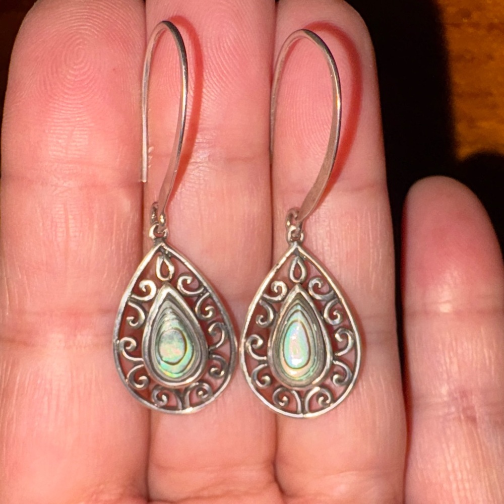 Boho 925 Silver Teardrop Earrings with Abalone Accents